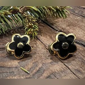 Costume Gold Tone Earrings Clover Floral Black Enamel Clip on Stud Flower 2 cms